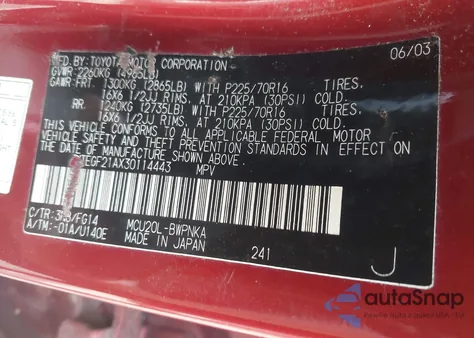 2003 Toyota Highlander V6 z USA, uszkodzony, nr VIN JTEGF21AX30114443